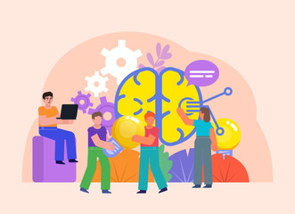 Artificial intelligence research, brainstorm, idea generation concept. Poster for social media, web page, banner, presentation. Flat design vector illustration