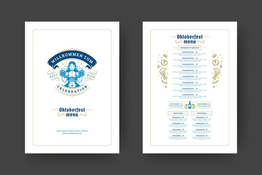 Oktoberfest menu vintage typography template with cover beer festival celebration and label design vector illustration.