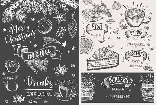 Christmas menu design.  Restaurant menu. Hand drawn illustration