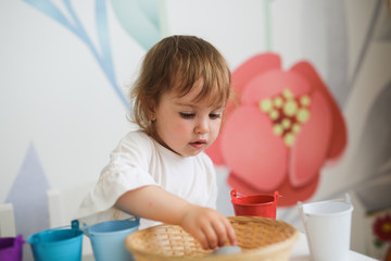 Learning colors, child play with colored wood toys