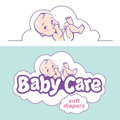 Baby care design template. Logotype with cute little baby in diaper.