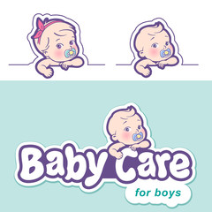 Baby care design template. Logotype with cute little baby in diaper.