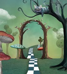 Wonderland series - Surreal countryside view with a secret  passage and cheshire cat - 285765260