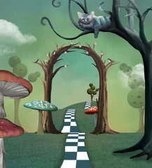  Wonderland series - Surreal countryside view with a secret  passage and cheshire cat © EllerslieArt