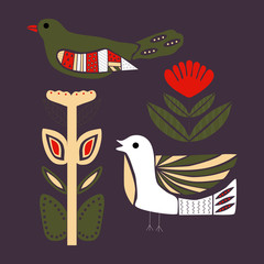 Beautiful folk art birds and flowers in an autumn illustration