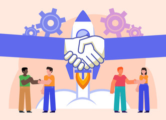 Successful business agreement, big deal. Group of people handshake, partnership, cooperation concept. Poster for social media, web page, banner, presentation. Flat design vector illustration