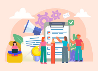 Office work management, todo list, planning. Group of people stand near big document, envelope, megaphone. Flat design vector illustration. Poster for social media, web page, banner, presentation