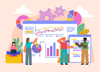 Group of people stand near big page with various charts, graphs, statistics. Flat design vector illustration. Poster for social media, web page, banner, presentation