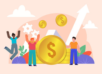 Financial success, savings, passive income growth. Group of people stand near big coins. Flat design vector illustration. Poster for social media, web page, banner, presentation