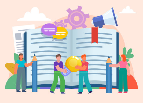 Keep online diary, blog concept. Group of people stand near big diary, book. Poster for social media, web page, banner, presentation. Flat design vector illustration