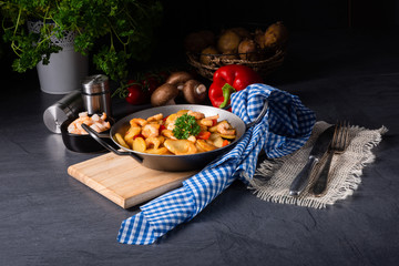 a delicious fried potato and shrimp pan