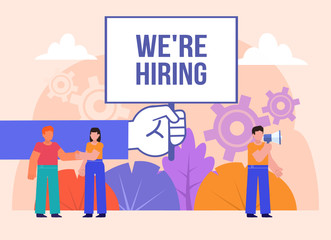 Group of people stand near big hand holding we are hiring sign. Vacancy, employee search concept. Poster for social media, web page, banner, presentation. Flat design vector illustration
