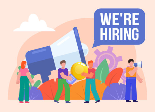 Hire, search for new employees, vacancy concept. People stand near big megaphone. Flat design vector illustration. Poster for social media, web page, banner, presentation
