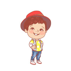 Little boy wearing jeans and hat. Boy of 6-10 years standing.