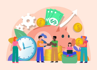 Money, finance, savings or income growth concept. Group of people stand near big piggy bank. Flat design vector illustration. Poster for social media, web page, banner, presentation