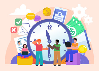 Fototapeta premium Time management, freelance, office work. Group of people stand near big watches and various elements. Flat design vector illustration. Poster for social media, web page, banner, presentation