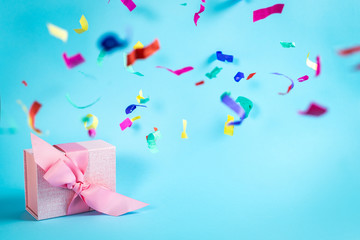 Beautiful present or gift box against color background