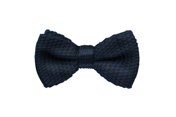 Blue satin fabric tuxedo bow tie isolated on white background.