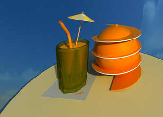 Orange juice served with orange fruit decorated with orange peel spiral 3D illustration 1. Perspective view, sky background. Collection. 