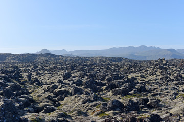 Black scenery of Lava fields, Iceland, Europe.