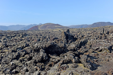 Black scenery of Lava fields, Iceland, Europe.
