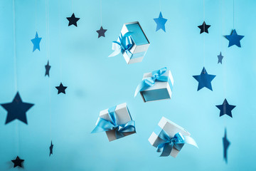 Beautiful present or gift box against color background