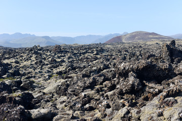 Black scenery of Lava fields, Iceland, Europe.