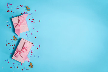 Beautiful present or gift box against color background