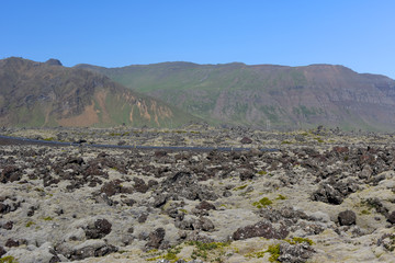 Black scenery of Lava fields, Iceland, Europe.