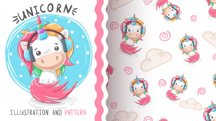 Cute teddy music unicorn - seamless pattern © HandDraw