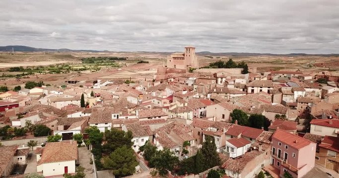 Aerial view of gothic Mudejar Catholic parish church of Santa Tecla in Spanish village Cervera de la Canada