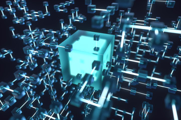 Glowing lines and cubes, technical and scientific background, 3d rendering.