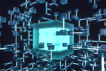 Glowing lines and cubes, technical and scientific background, 3d rendering.