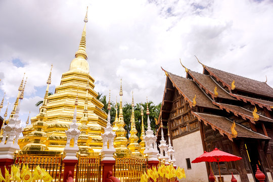 Closeup golden pagoda and ancient sanctuary of "WAT PANTAO"'s Thai Lanna temple, Chiangmai, Thailand.