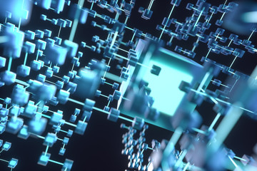 Glowing lines and cubes, technical and scientific background, 3d rendering.