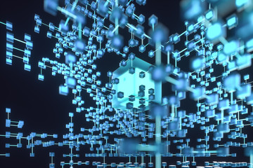 Glowing lines and cubes, technical and scientific background, 3d rendering.