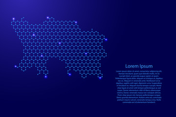 Fototapeta premium Jersey map from futuristic hexagonal shapes, lines, points blue and glowing stars in nodes, form of honeycomb or molecular structure for banner, poster, greeting card. Vector illustration.