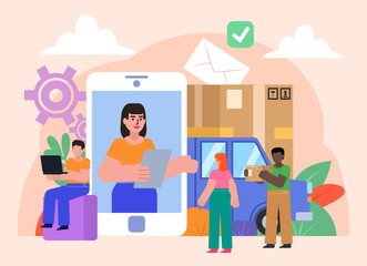 Cargo transportation, delivery service mobile app. Group of people stand near big packages, phone. Flat design vector illustration. Poster for social media, web page, banner, presentation