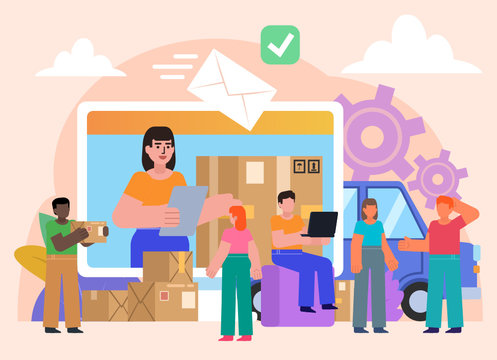 Cargo transportation, online delivery service. Group of people stand near big screen, packages. Flat design vector illustration. Poster for social media, web page, banner, presentation