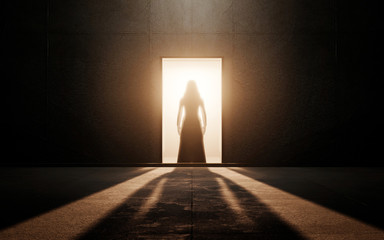 Woman silhouette in an empty room. 3d render