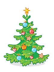 Christmas tree decorated with toys standing on a white background.