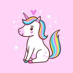 Cute little unicorn is sitting on a pink background and smiling.