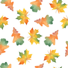 Autumn leaves seamless pattern. Watercolor illustration.