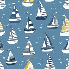 Marine seamless pattern with cartoon boats and silhouettes of birds