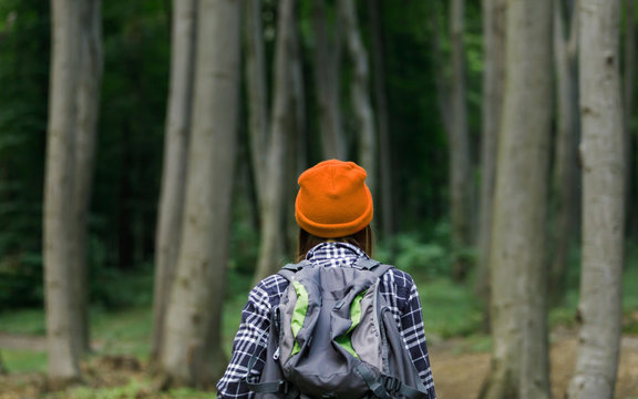 Stylish Girl Wearing Red Hat Standing Backwards And Watching Nature At The Forest