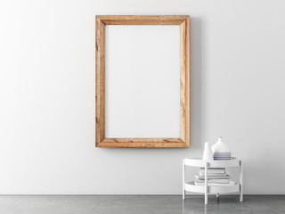 Wooden vertical poster Frame Mockup hanging on white wall in empty room
