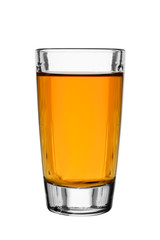 A small shot glass of delicious whiskey and brandy, isolated on a white background