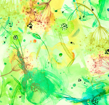 Watercolor bouquet of flowers, dandelion, inflorescence, dill, hogweed.  abstract splash of paint, fashion illustration. field or garden flowers. Suburban summer, autumn landscape.Watercolor card