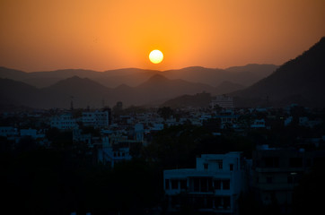 View of a beautiful sunset in Udaipur, India