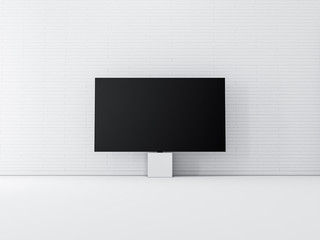 Smart Tv Mockup standing in white room near brick wall